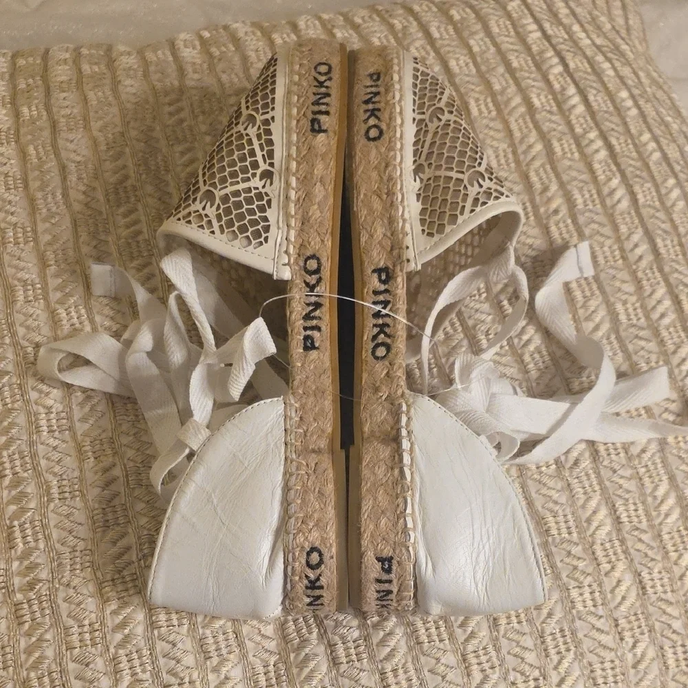 Pinko White Lace Espadrille with Jute Logo Sole and Ankle Ribbon
